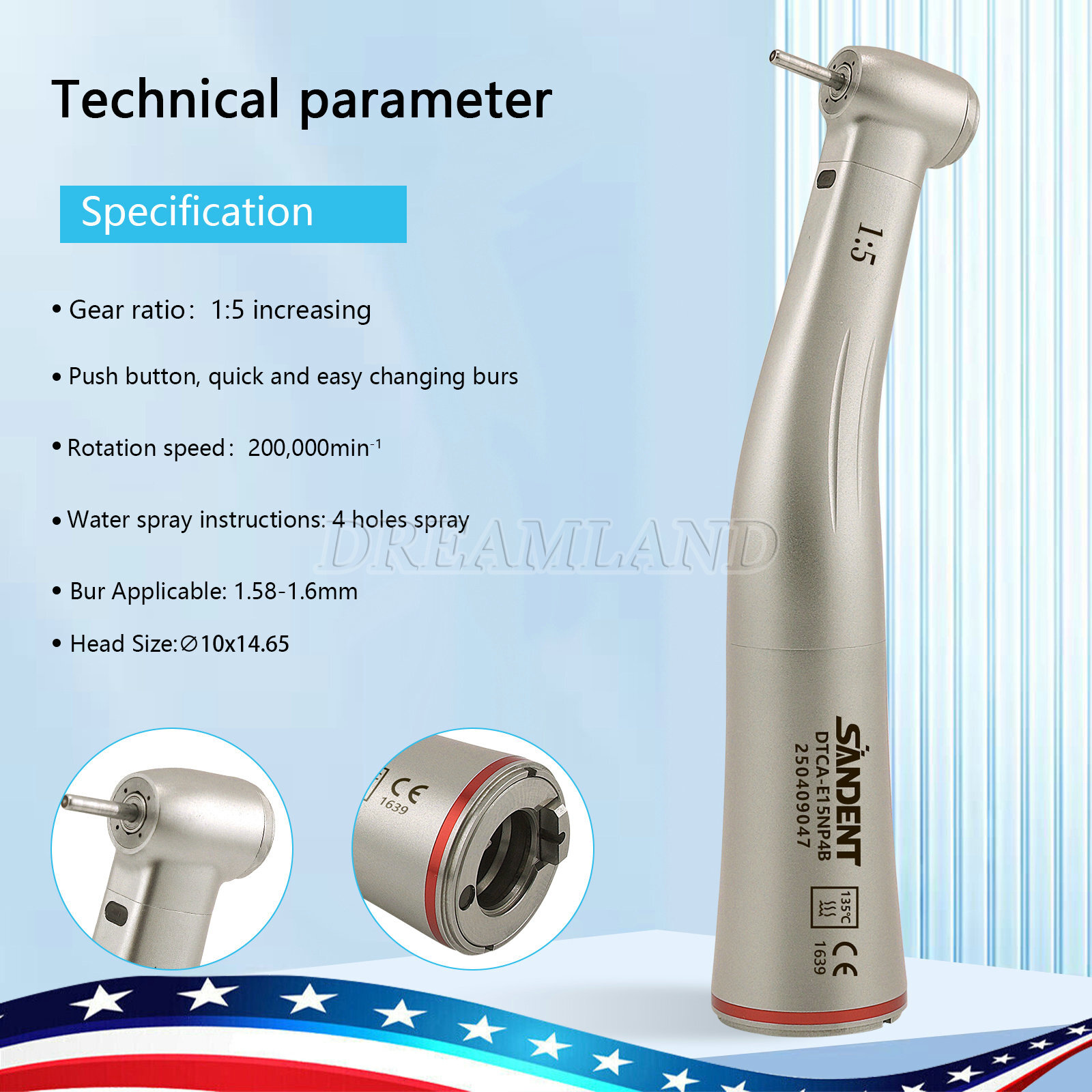 3pcs SANDENT Dental 1:5 LED Contra Angle Handpiece High Speed for Electric Motor
