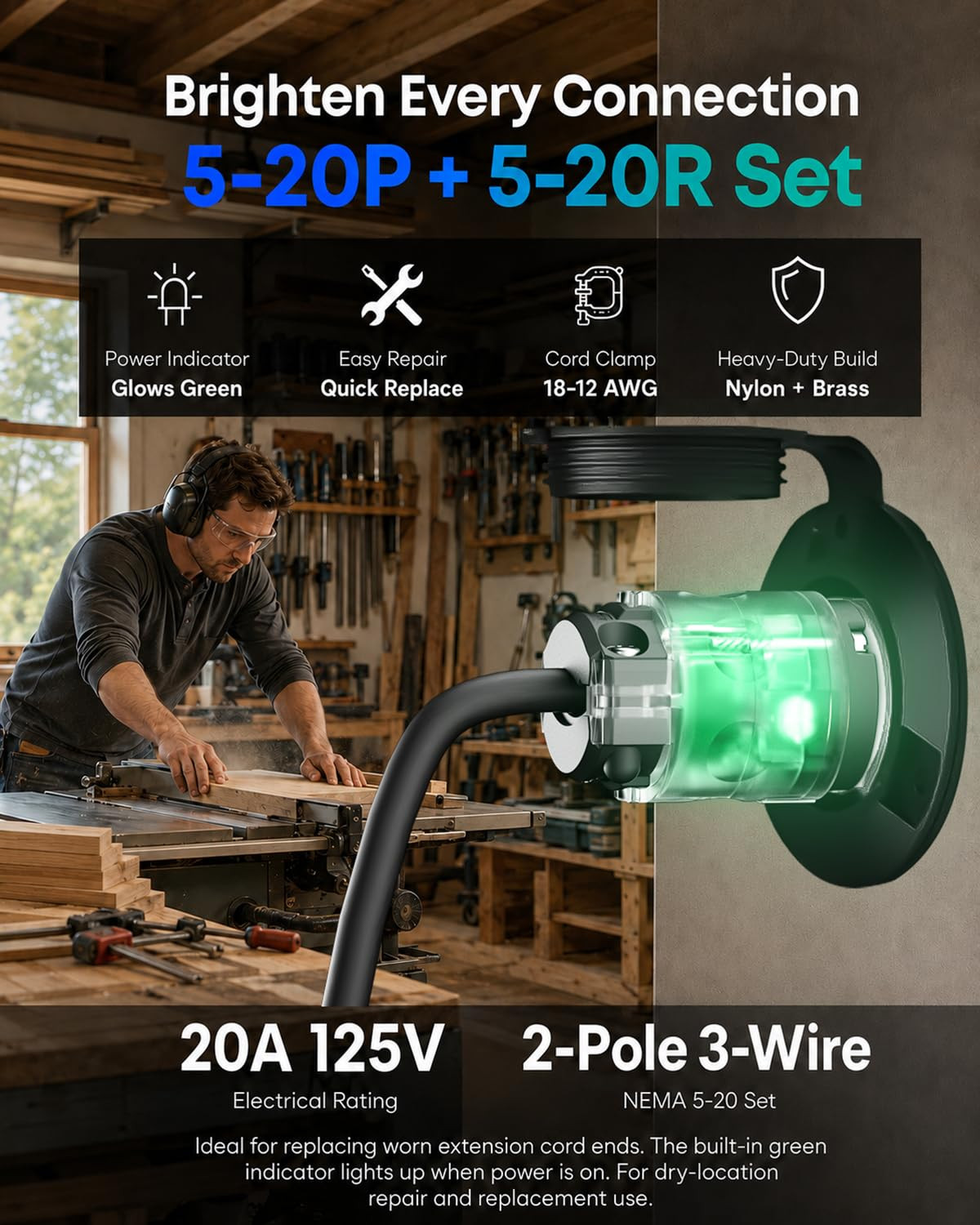 10 Set Lighted Extension Cord Ends, Straight Blade 20A 125V Grounding 2P 3W Repl