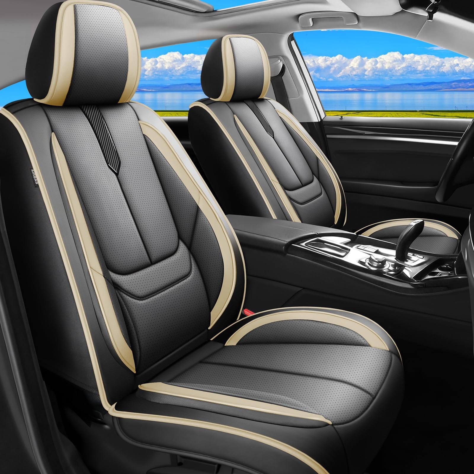 Ford F150/250/350 2010-2026 Leather Seat Covers Waterproof Airbag Black-Beige