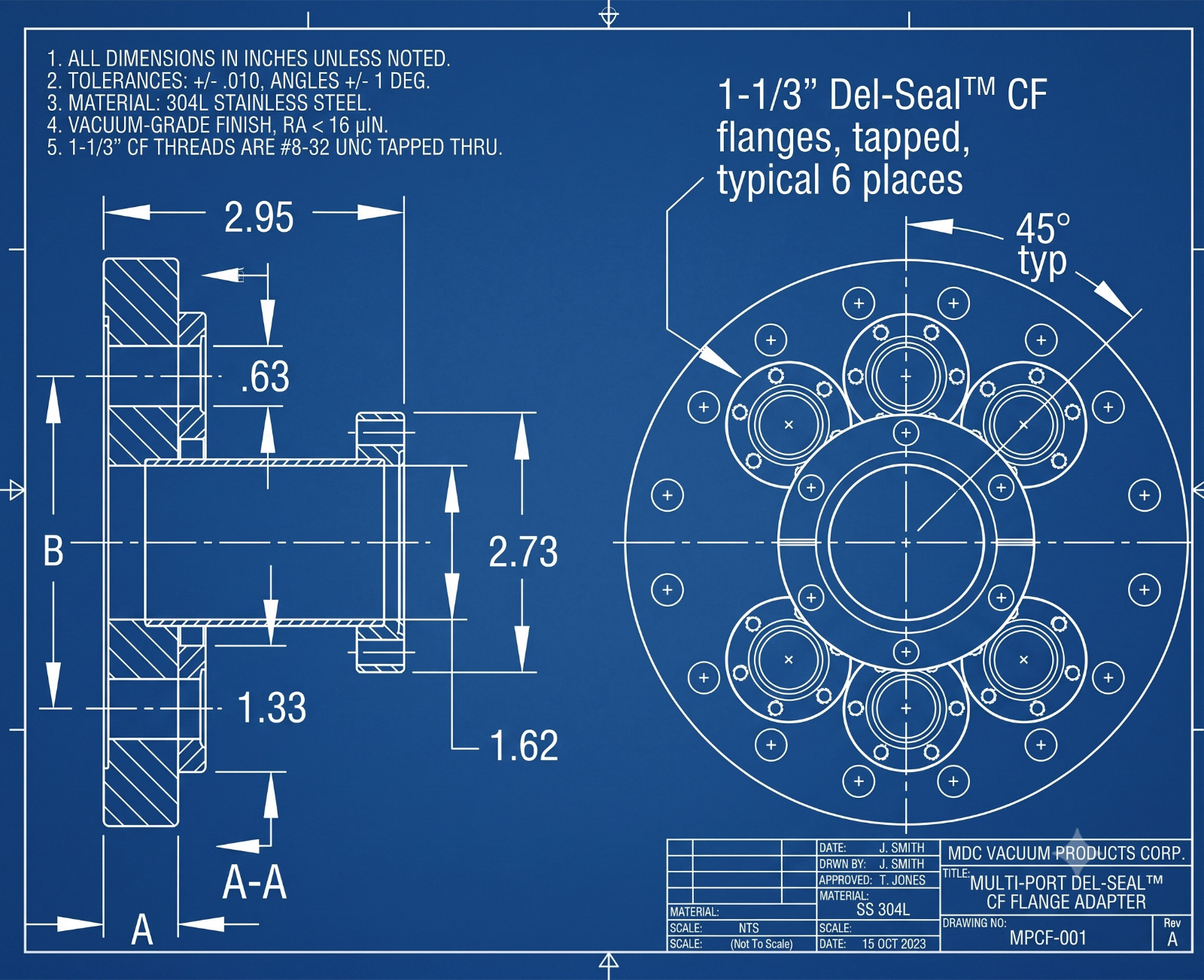MDC Symmetrical Multiport Flange | 8.0″ CF to 2.75″ & 6x 1.33″ CF Ports *