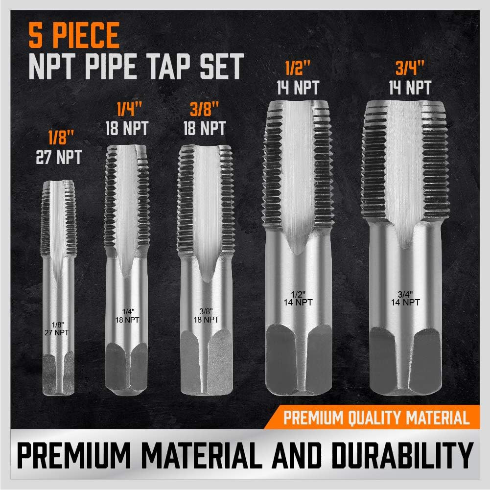 5-Piece NPT Pipe Tap Kit with Heavy-Duty Storage Case, 1/8″–3/4″ Tapered Taps