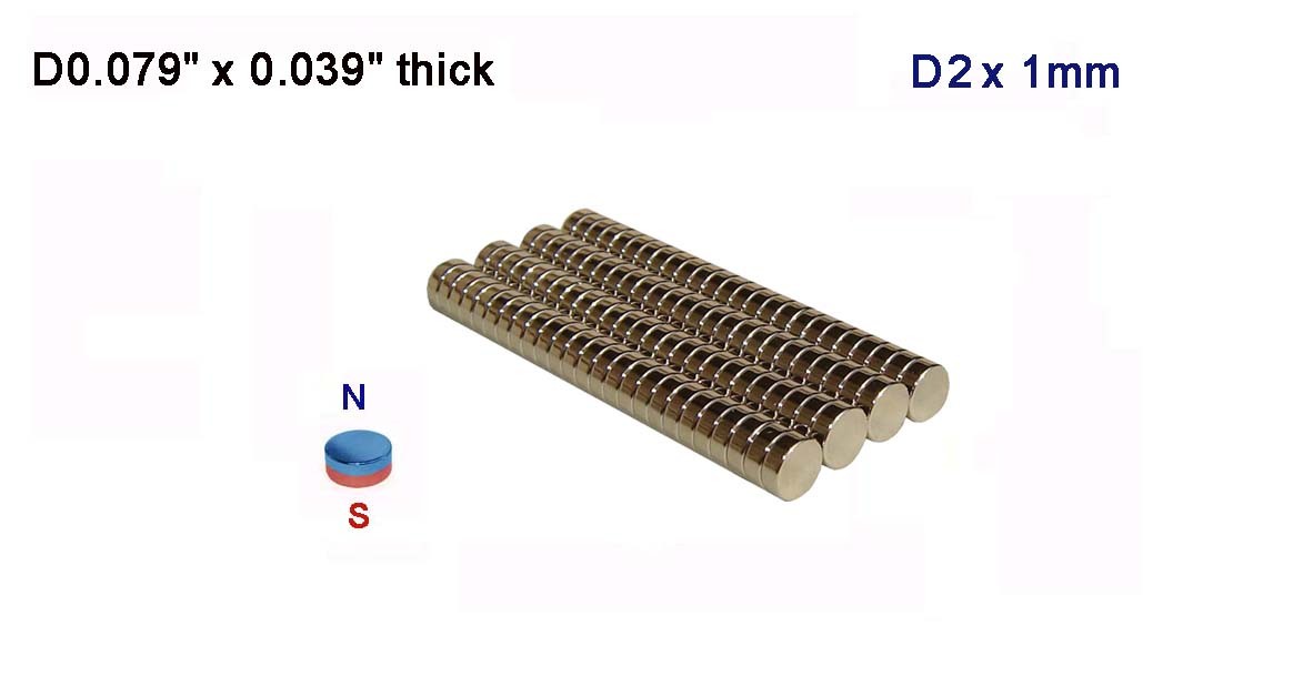 D2 x 1mm (D0.079″ x 0.039″), N52, Rare Earth, Neodymium Disc Magnets – 100pcs