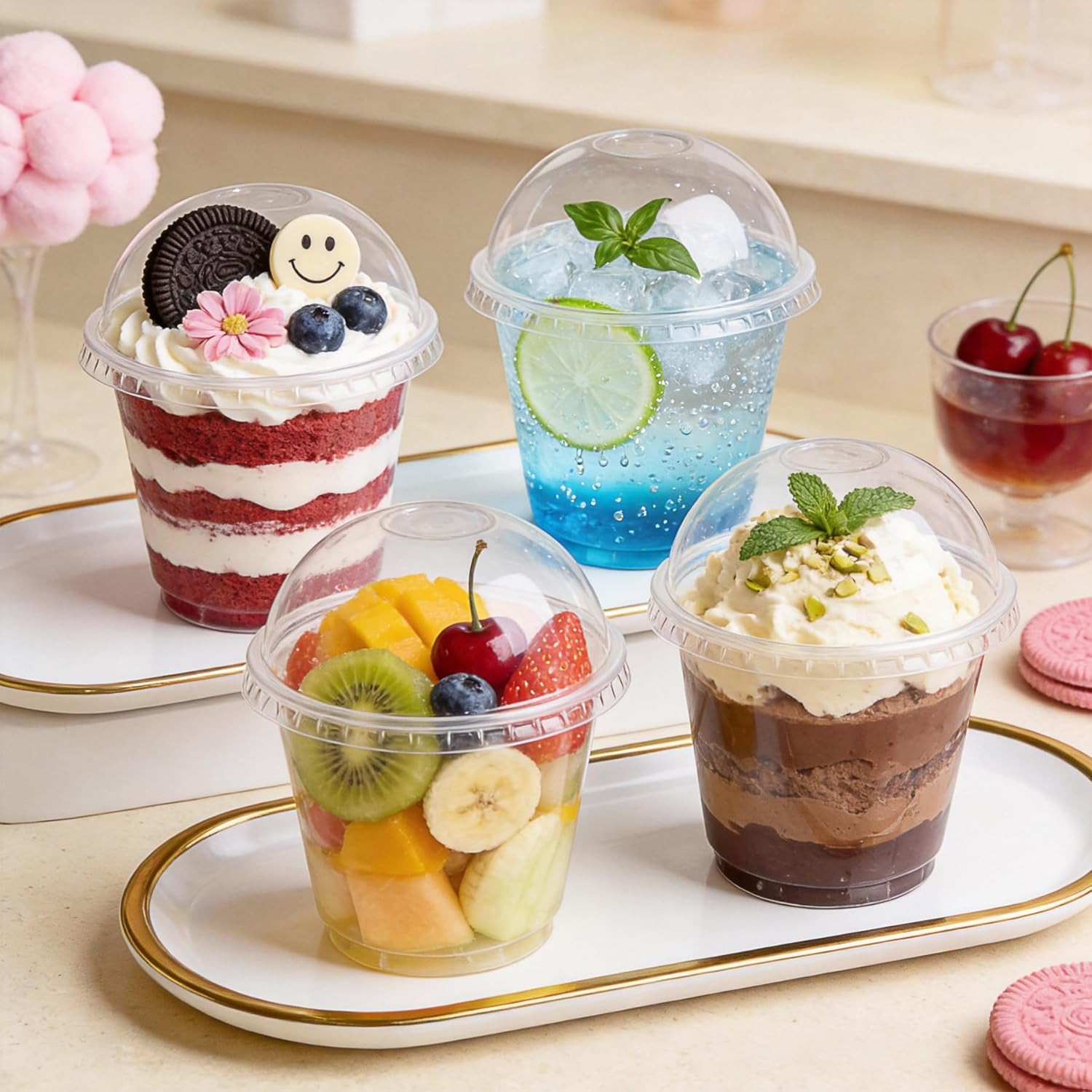 Lullaby 200Pack 9Oz Clear Plastic Cups with Dome Lids, Dessert Cups with Lids, D