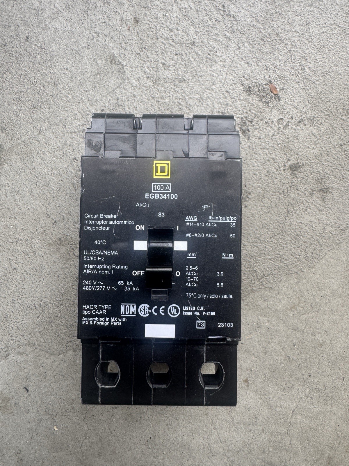 Square D EGB34100 Circuit Breaker 100A 3-Pole 480v/277v