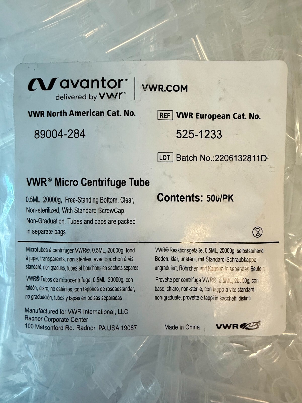 VWR 89004-284 Micro-Centrifuge Tubes 0.5 mL Natural Bag of 500