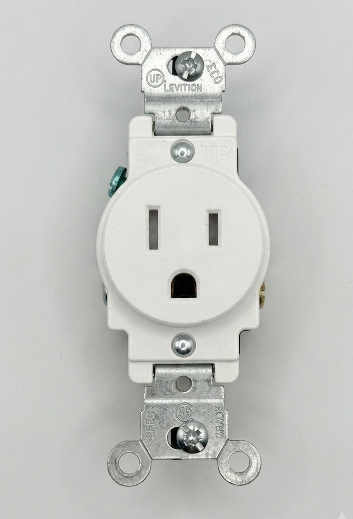 New Leviton 5015-W Single Receptacle White Back Side Wired GRD 15A-125V Spec