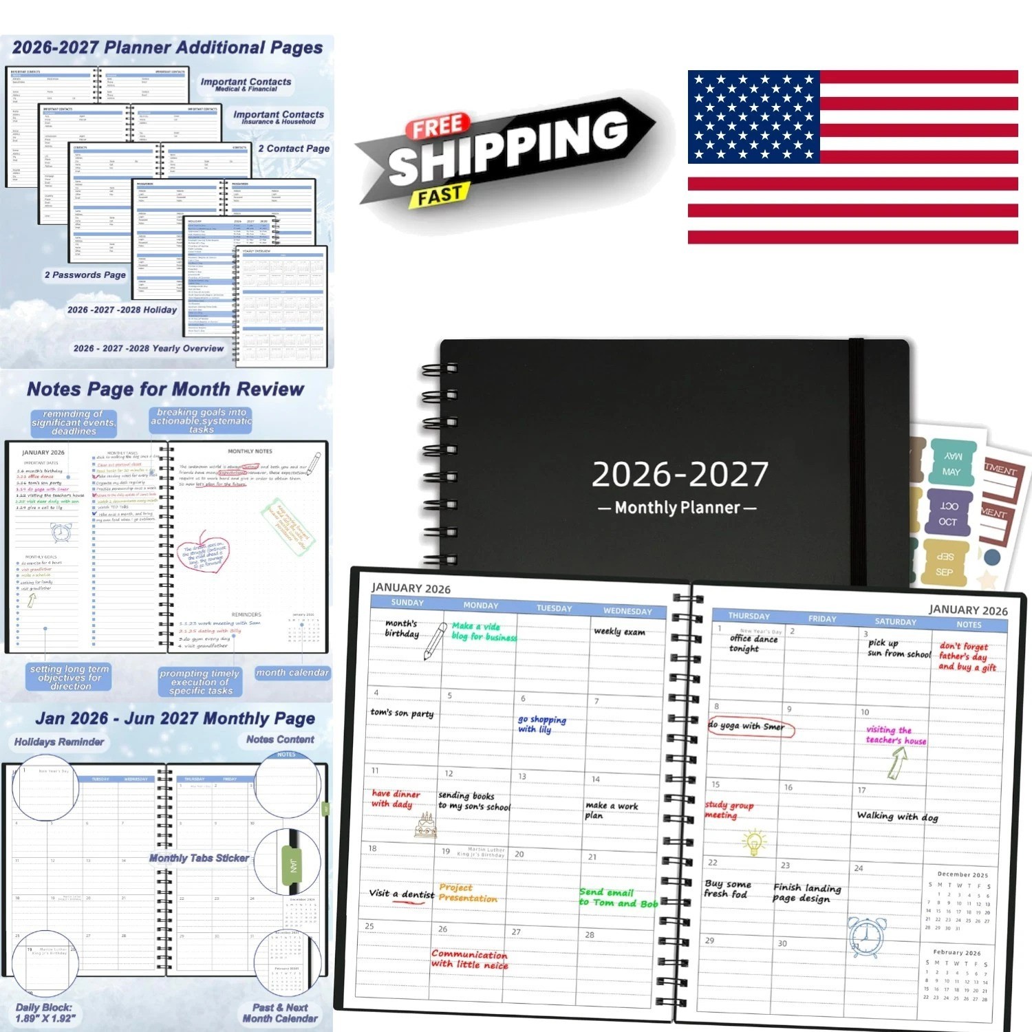 2026 2027 Monthly Planner 7.4 Inch x 9.6 Inch Black Spiral Bound Organizer
