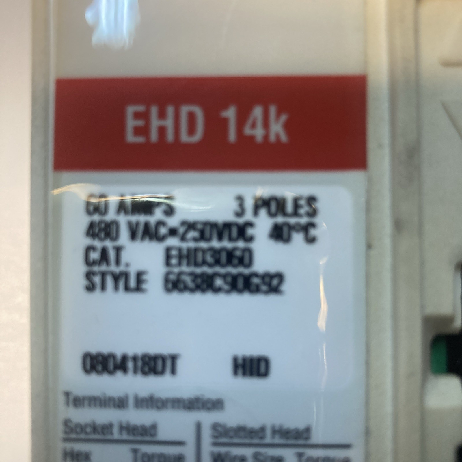 Eaton EHD3060 Industrial Circuit Breaker 60A 3-Pole 480VAC