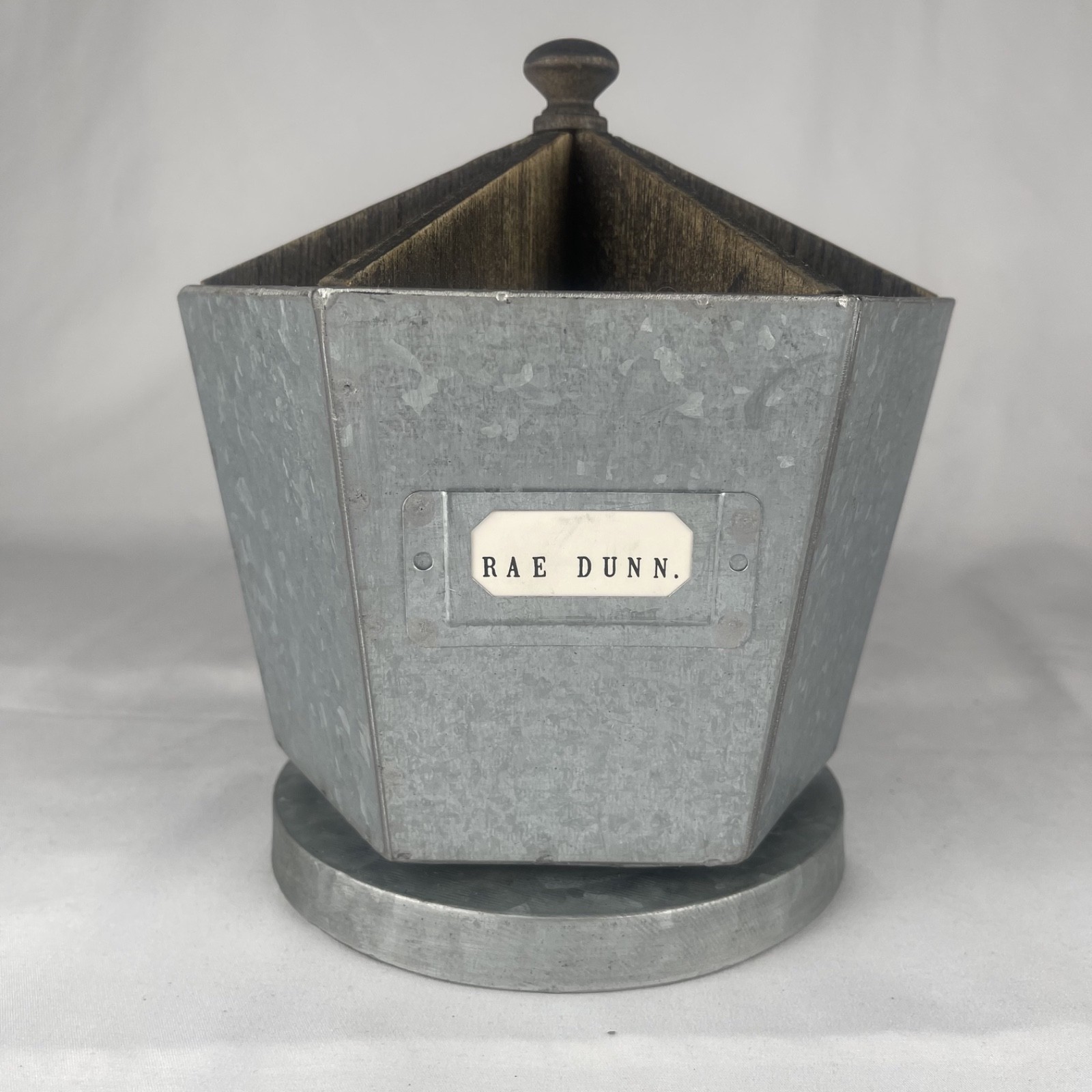Rae Dunn Galvanized Steel & Wood Metal Rotating Spinning Rustic Desk Organizer