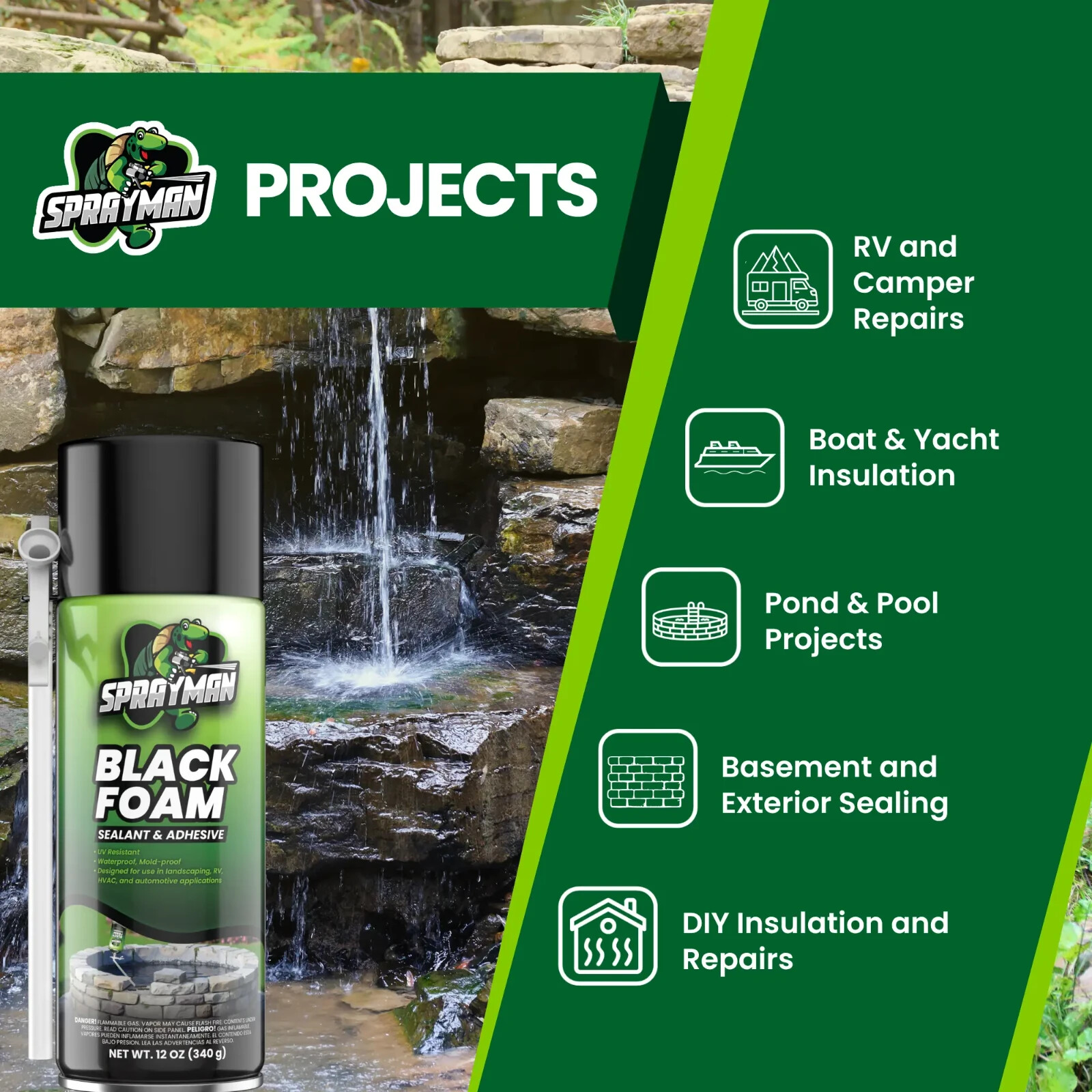 Sprayman Waterfall Pond Landscape Expanding Waterproof Black Spray Foam 12oz 2Pk