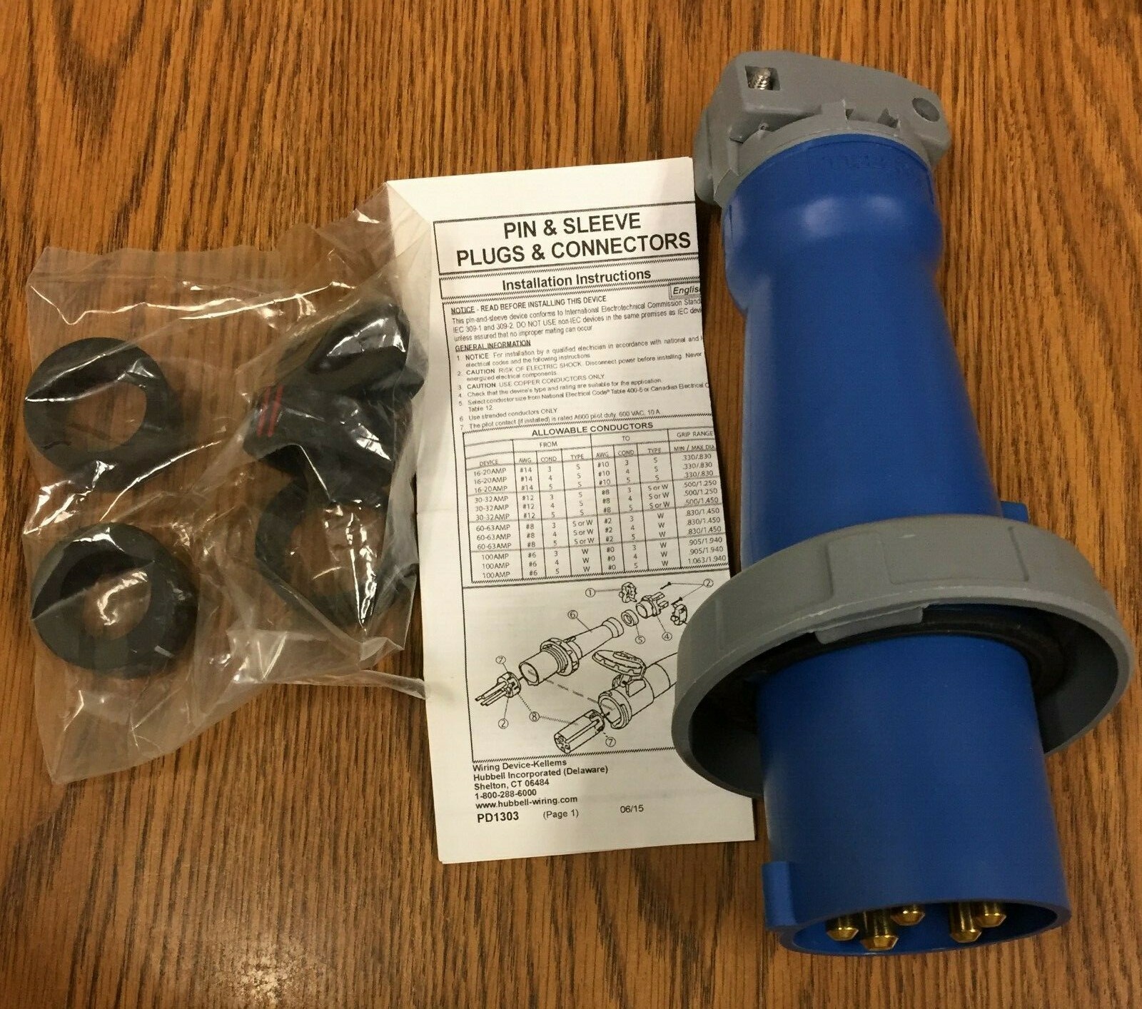 Hubbell HBL560P9W Pin and Sleeve, IEC, Plug, 4P5W, 60/63A 120/208V, 4X/69K
