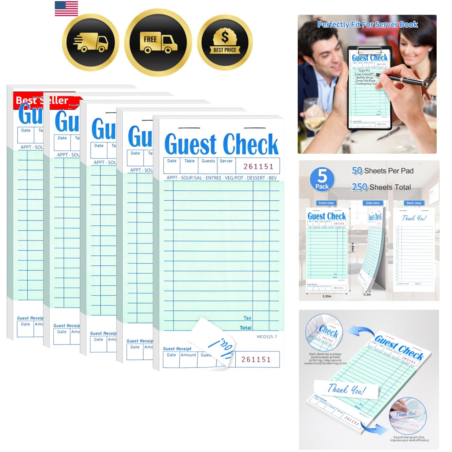 5 Pack Guest Check Books, Server Note Pads for Restaurant, Green Waiter Check…