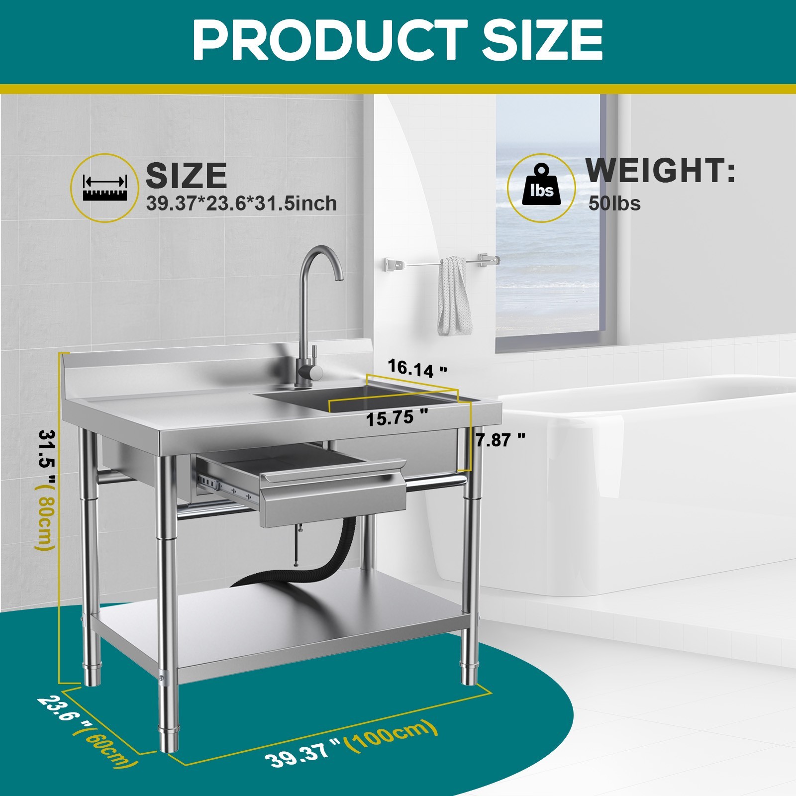 All-In-One Stainless Steel Freestanding Sink with Drawers for Laundry Room Use.