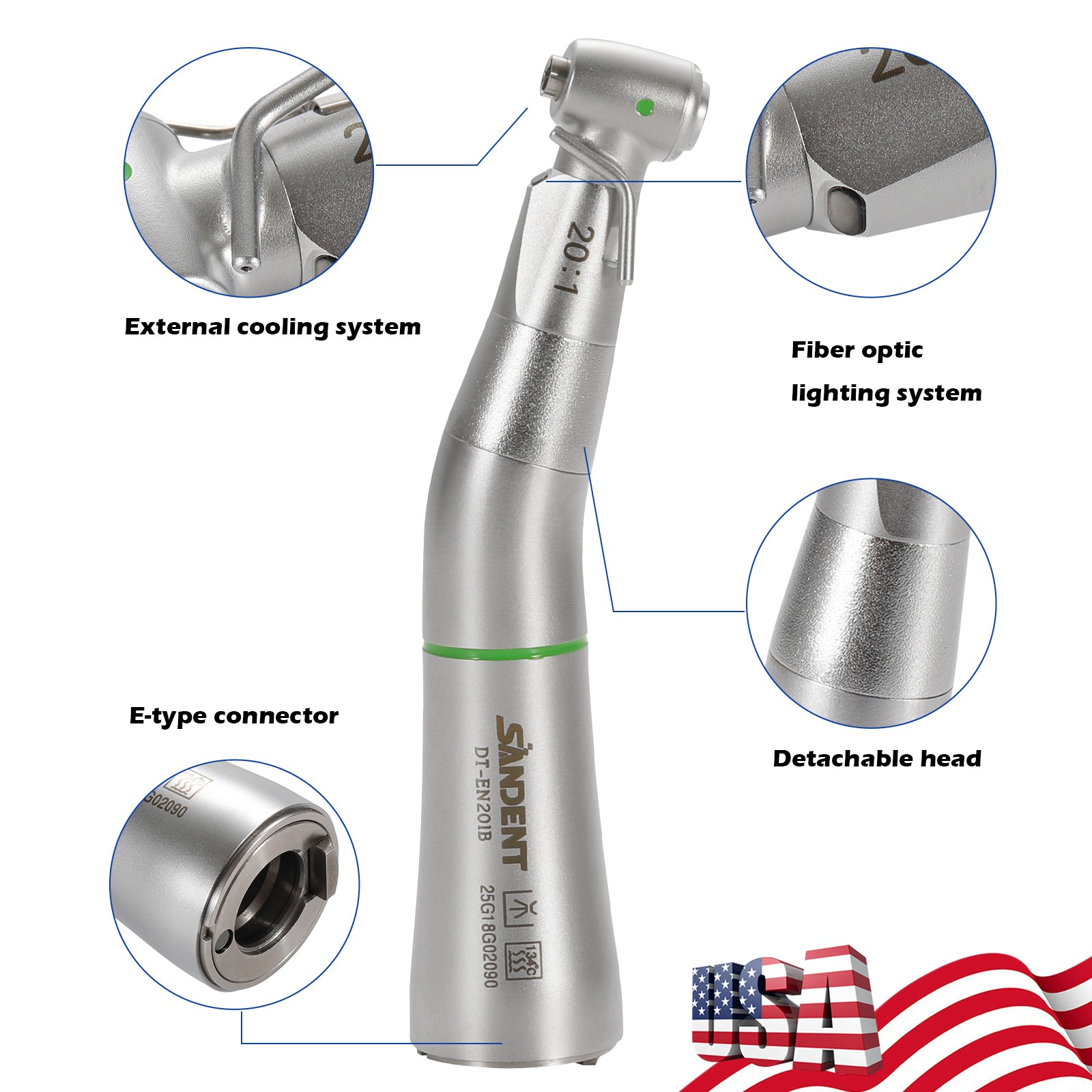 LED SANDENT 20:1 Contra Angle Fiber Optic Electric Handpiece External Spray