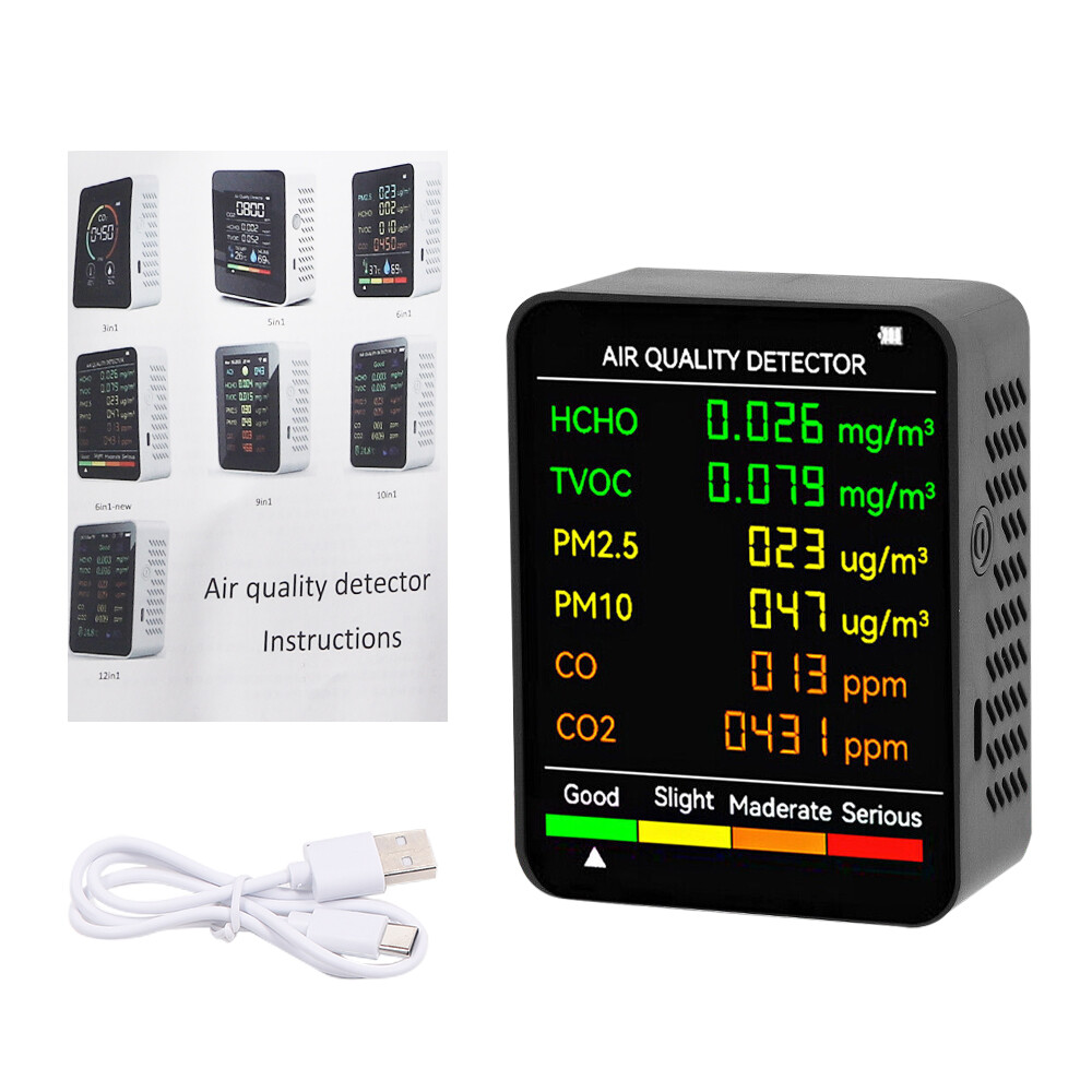 6 in 1 Air Quality Monitor PM CO2 Meter Carbon Dioxide Level TVOC HCHO Detector
