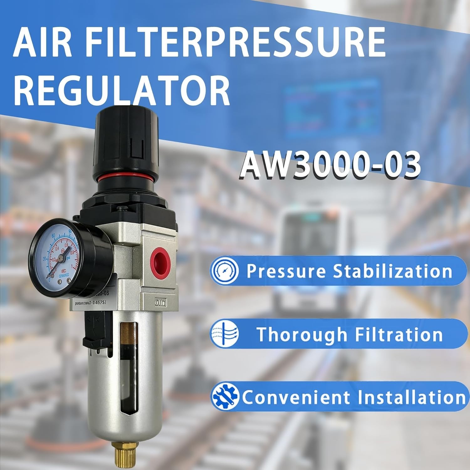 3/8″ NPT Compressed Air Filter Regulator Combo with Semi-Auto Drain 0-150 PSI