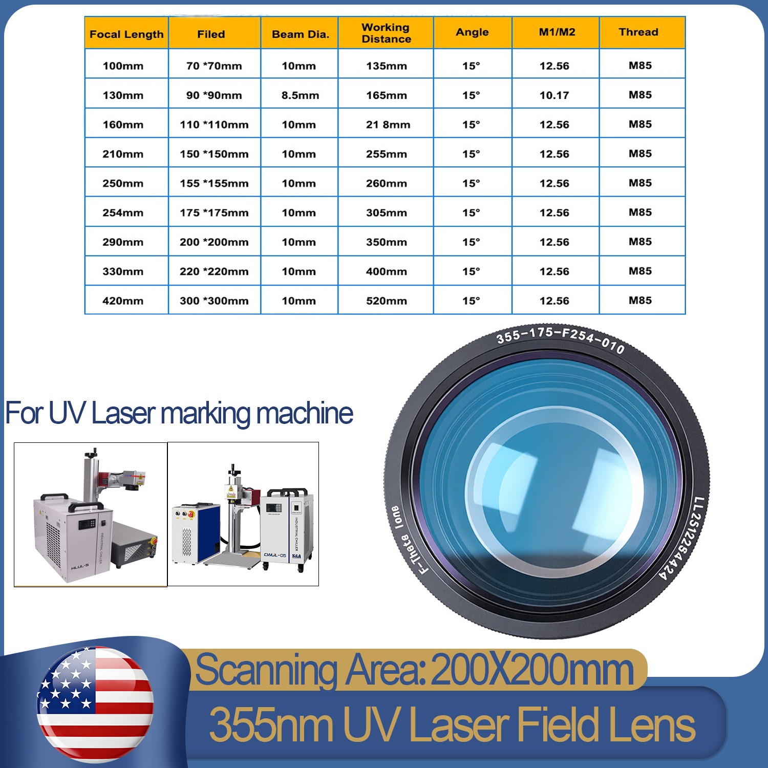 High Quality 200mm 355nm Field Lens For 5W-15W UV Laser Marking Machine Engraver