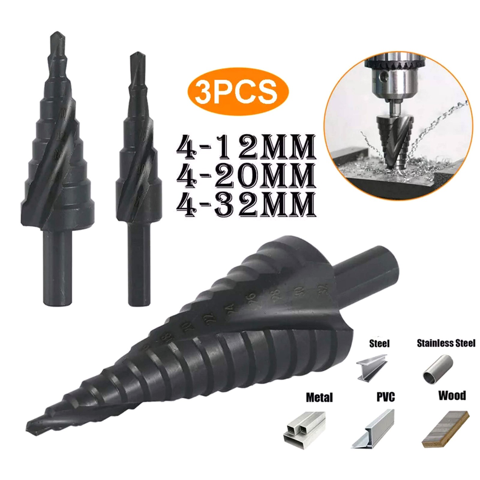 3Pcs/Set HSS Step Drill Bit Set Large Cone Titanium Bit Metal Hole Cutter