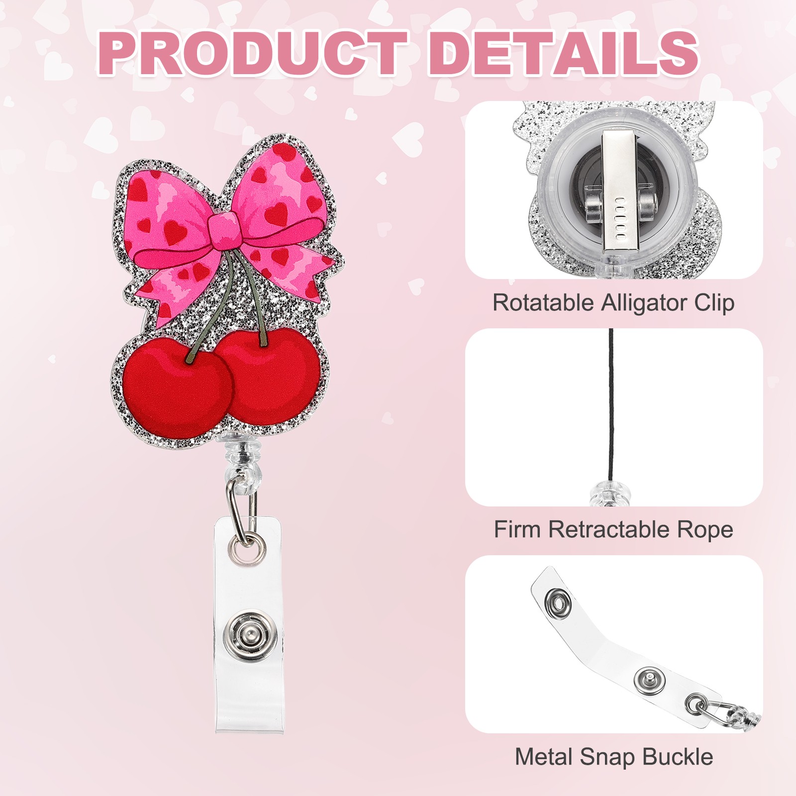 2pcs Acrylic Bow Badge Holder 1.61″x2.05″ with Retractable Cord, Silver Red-Pink