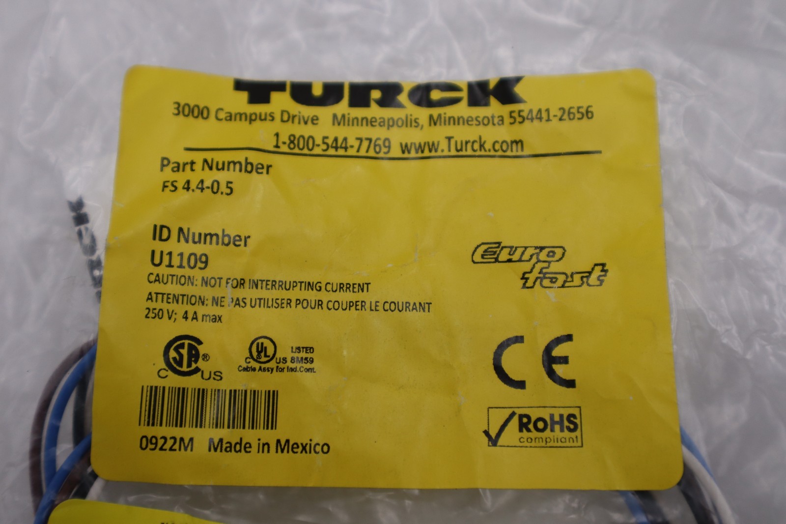 NEW Turck Cable FS 4.4-0.5 U1109 STOCK H1611A