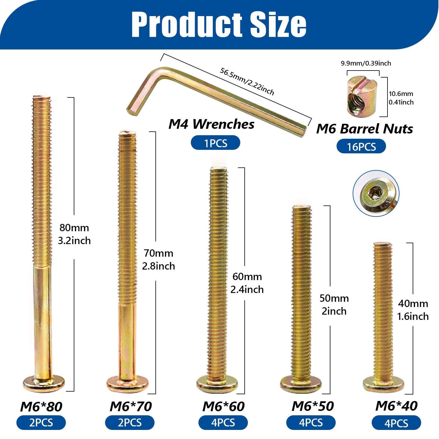 Bronze Crib Screws M6x40mm/50mm/60mm/70mm/80mm 16 Piece Set Hardwood Baby Bed