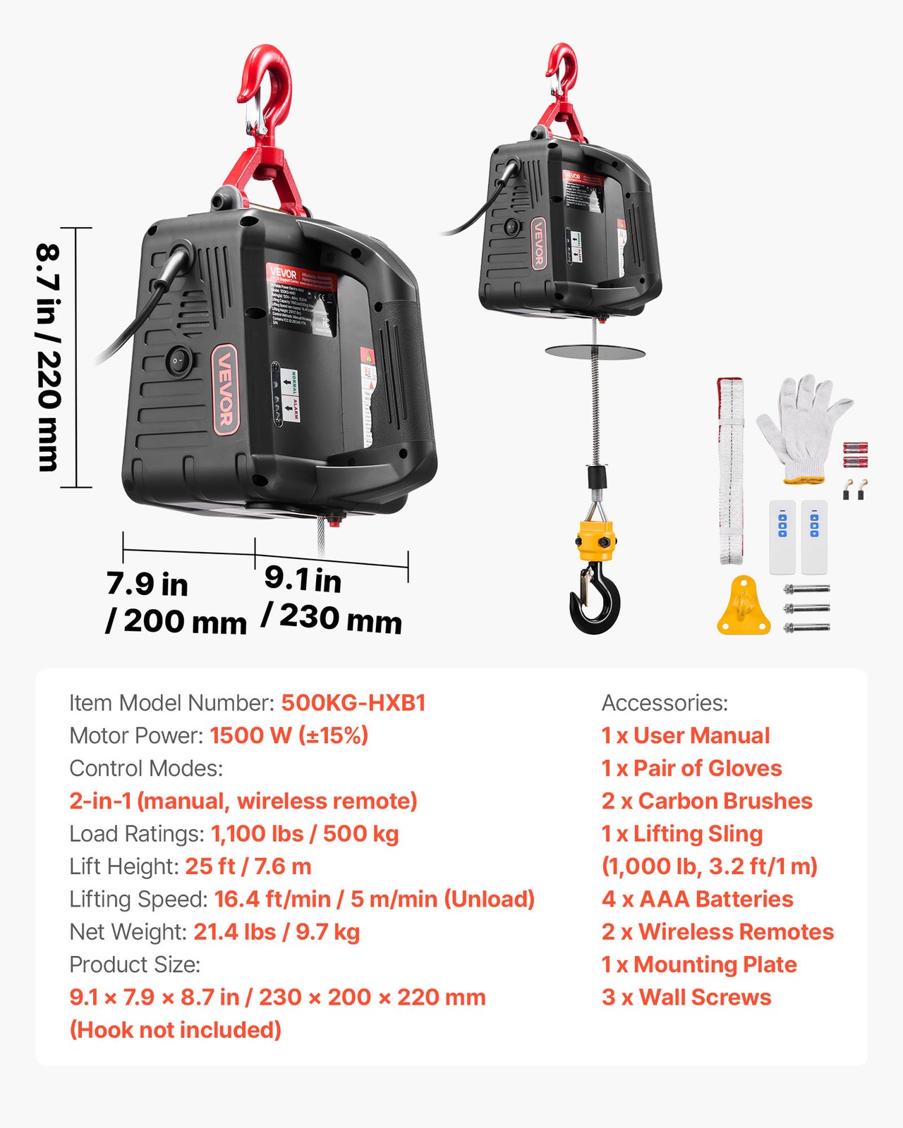 VEVOR 2-in-1 Electric Hoist Winch 1100 lbs Manual Wireless Remote Control