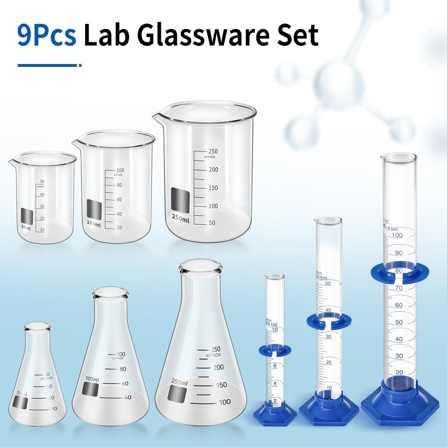 Set of 9 Laboratory Glassware Set Science Lab Chemistry Beaker 50/100/250ML