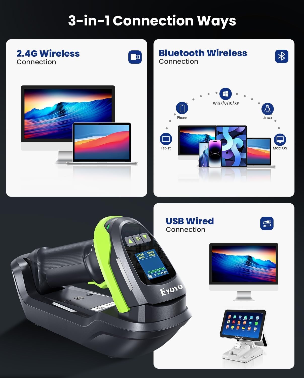 Eyoyo 2D QR Code POS Barcode Scanner Wireless with Screen,Wall-Mount & 2900mAh