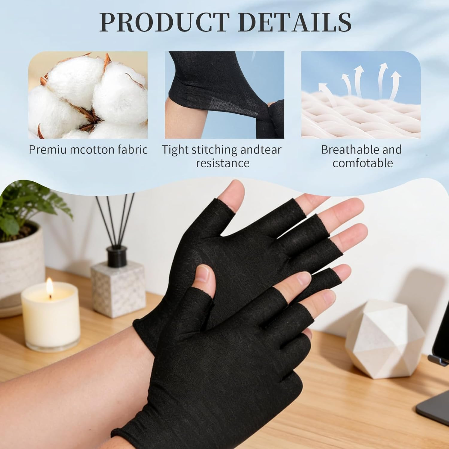 3 Pairs of Fingerless Cotton Gloves 100% Black Cotton Moisturizing Gloves for…