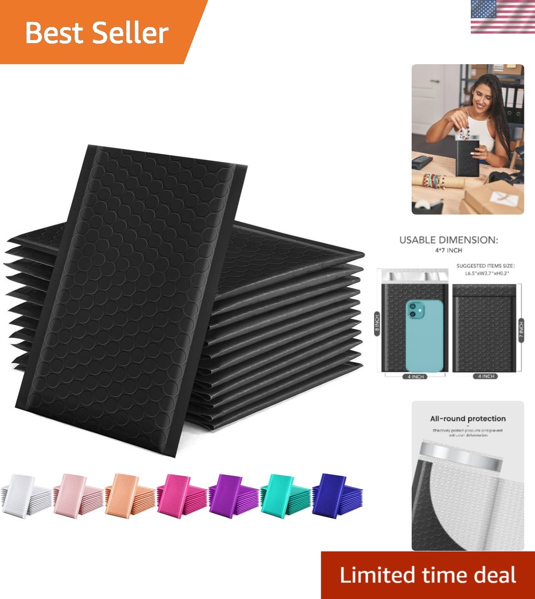 Black 4×8 Inches Bubble Mailers (50 Pack)