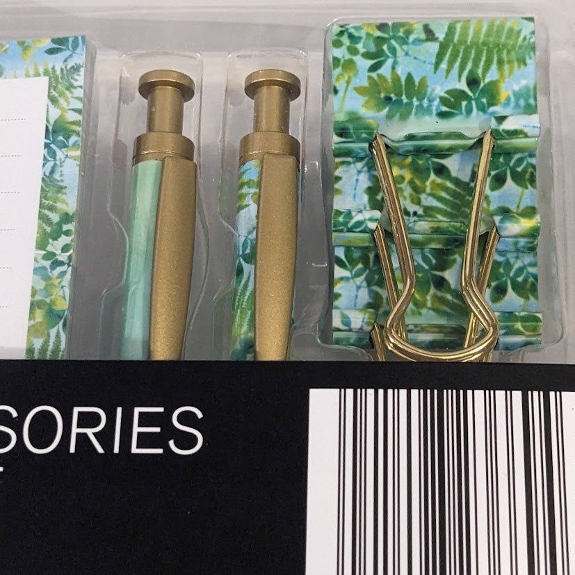 Pembrook Desk Accessories Assortment Tropical Palm Gold Pens Notepad Clips Set