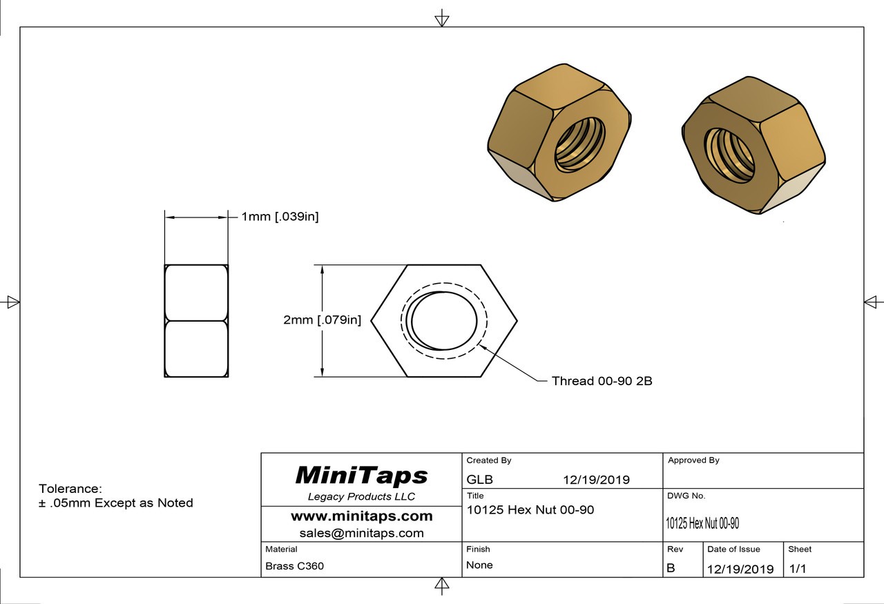 00-90 Hex Nut 2mm ACF Brass 100 Count #10125