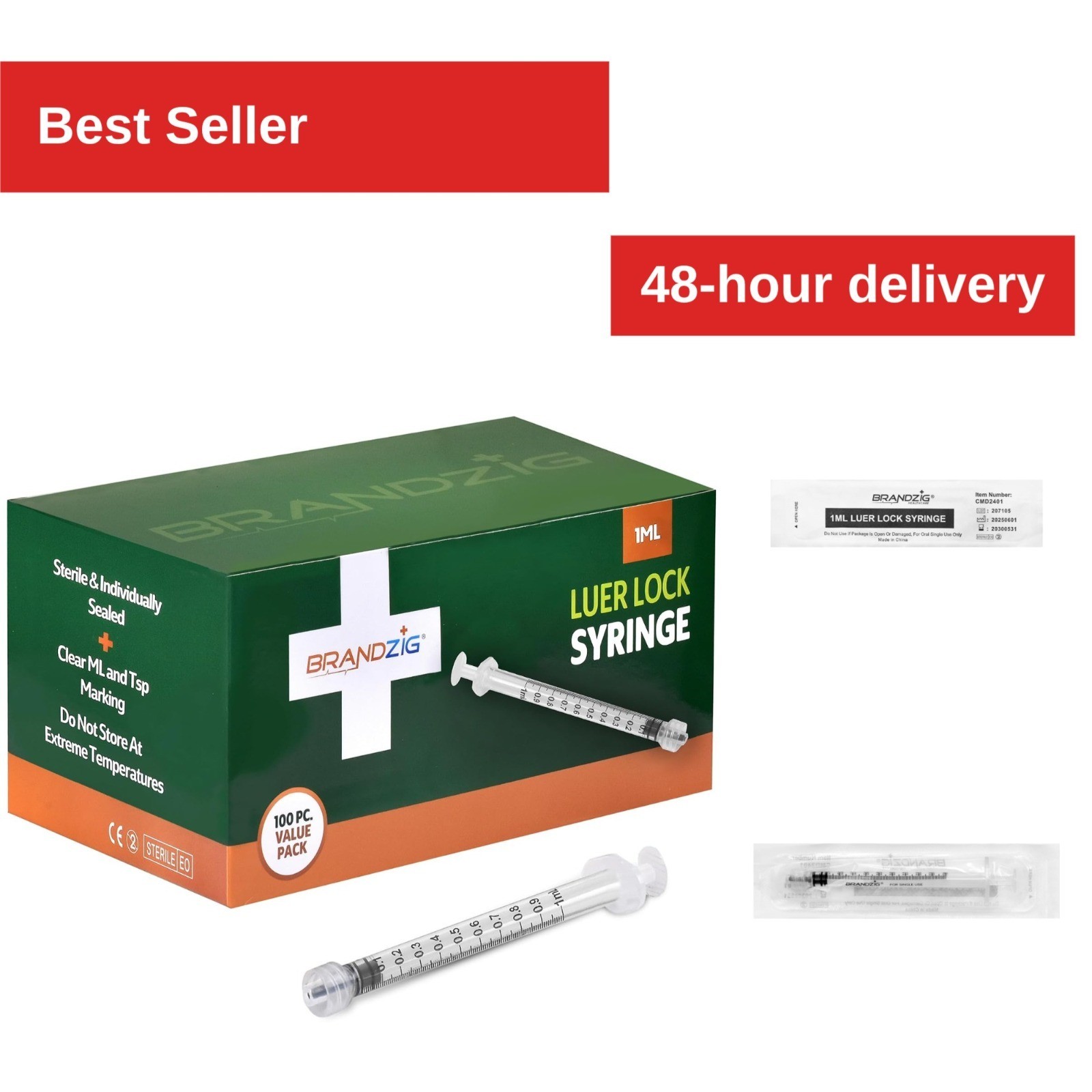 BRANDZIG 1mL Luer Lock Syringe – Sterile, Individually Wrapped – 100 Pack