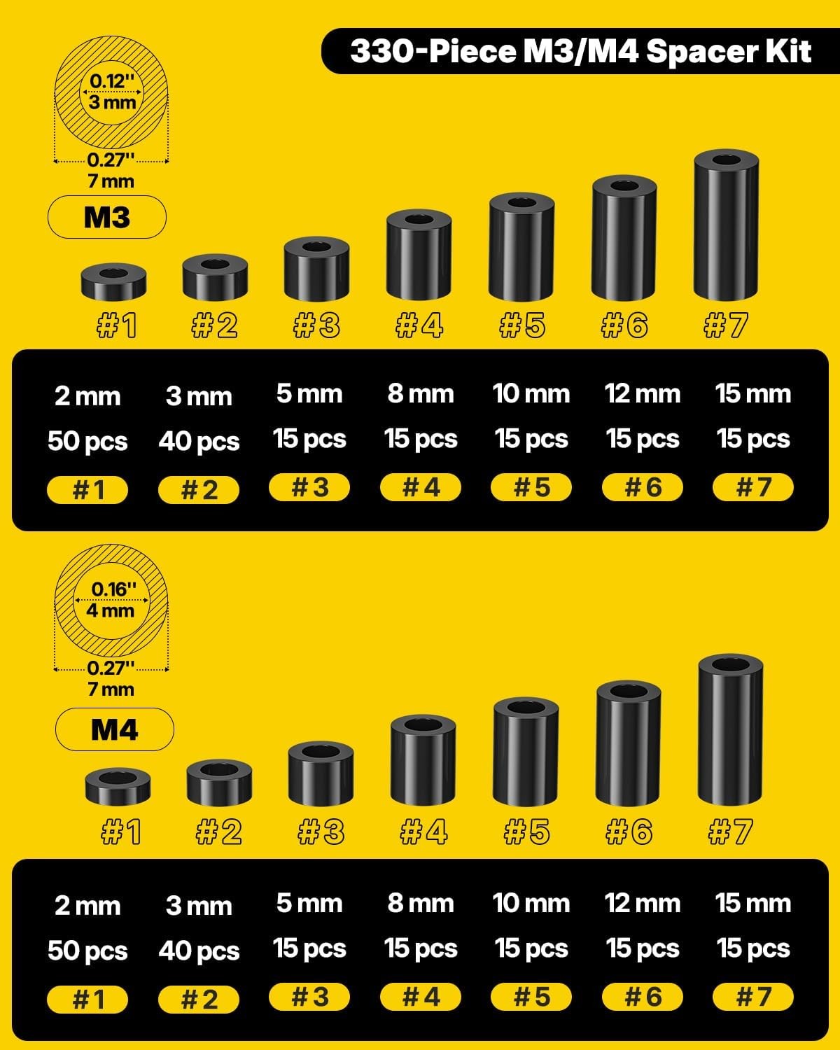 330 Pcs M3/M4 Nylon Spacers for Screws, ID 3 mm/4 mm & OD 7 mm, 10 Lengths – …