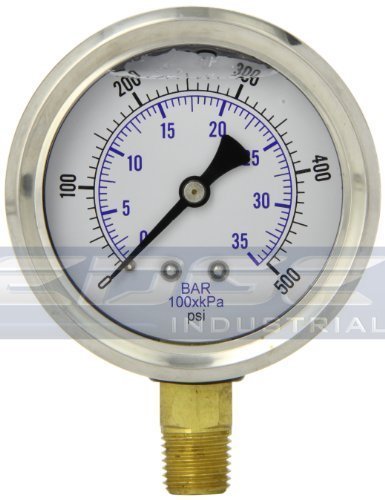 LIQUID FILLED PRESSURE GAUGE 0-500 PSI, 2.5″ FACE, 1/4″ NPT LOWER MOUNT WOG