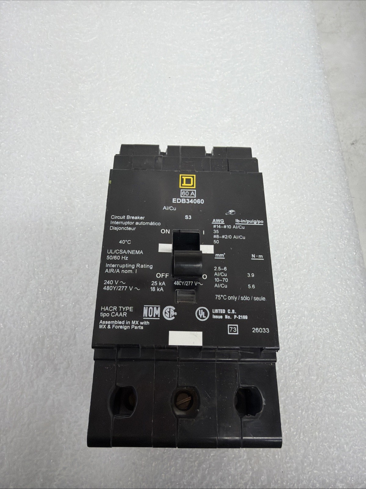 NIB – Square D – EDB34060 – Molded Case Circuit Breaker – 60A, 3-Phases, 480V