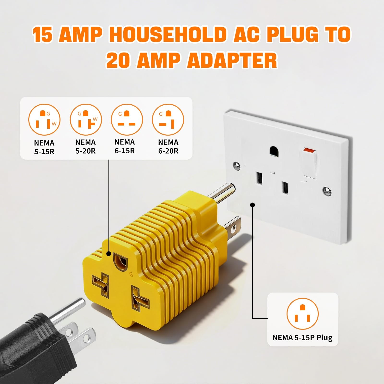 4-in-1 15 Amp to 20 -1ft Extension Cable&Power Adapter， T 1 ft, Yellow