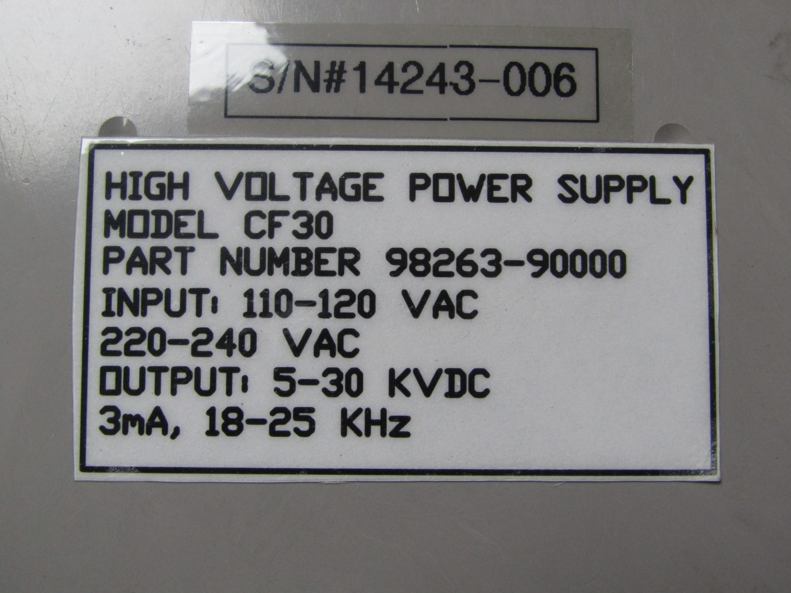 💥ELECTROCHEM CF30 HIGH VOLTAGE POWER SUPPLY 110-240 VAC 5-30 KVDC 98263-90000