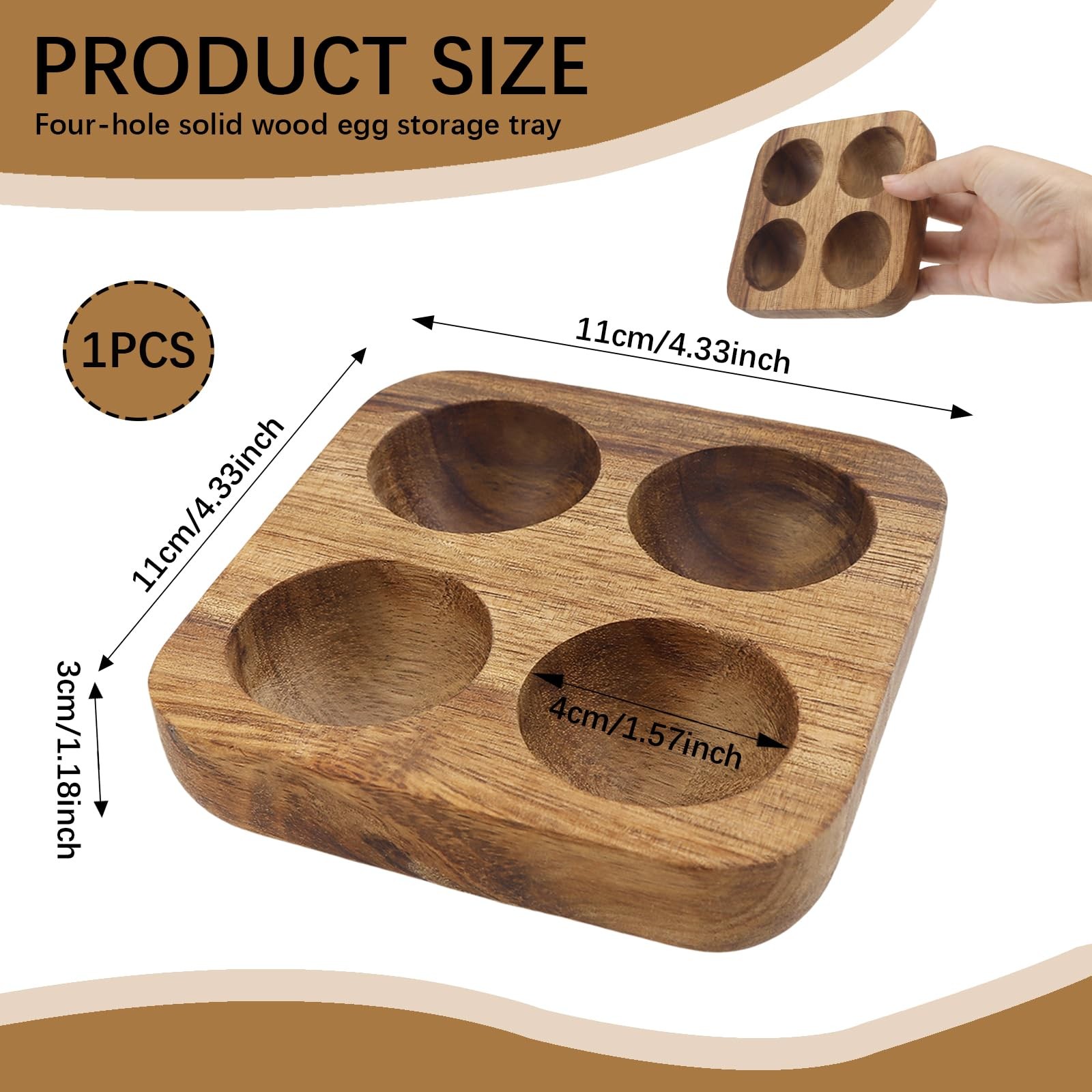 4 Slots Wooden Egg Tray, Holder for Kitchen Refrigerator Countertop brown