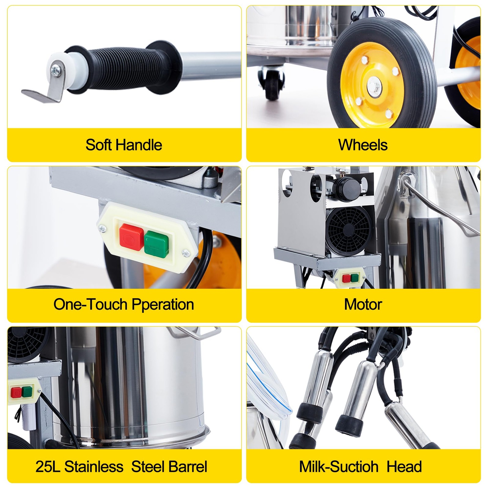 25L Electric Cow Milking Machine Milking Equipment 304 Stainless Steel Bucket US