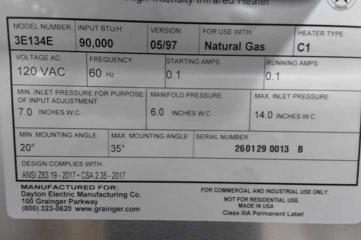 Dayton 3E134E 120VAC 90,000 BtuH 576 Sq Ft Gas Infrared Flat Panel Heater