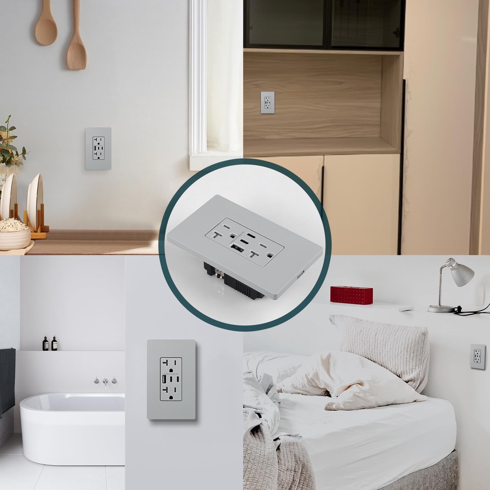 TOPELER USB Outlets Receptacles, 30W 6.0A 3-Ports Wall Outlet, 20A, Grey