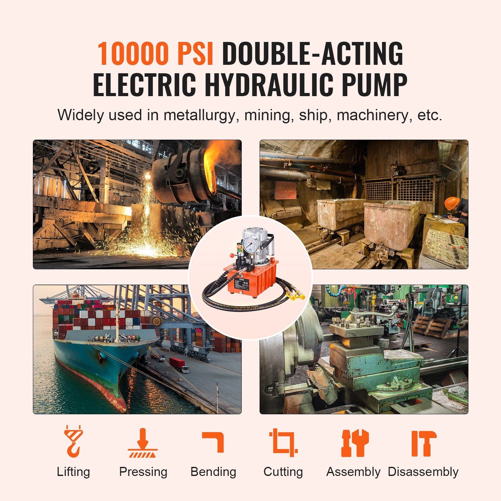 750W 110V Double-Acting Hydraulic Pump 10000PSI 488in³/8L Lever