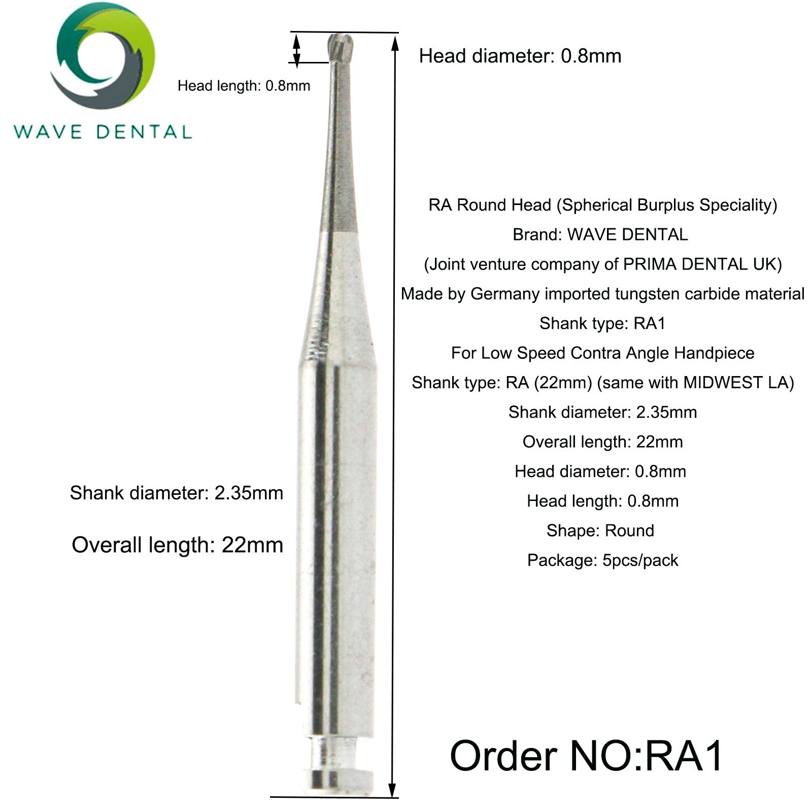 US WAVE Dental Burs Round Latch RA 2.35mm COXO Low Speed Contra Angle Handpiece