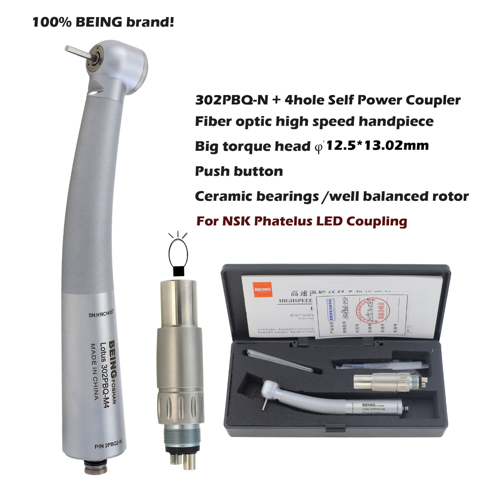 BEING Dental High Speed Handpiece Fiber Optic 45 Degree Surgical NSK Coupler LED
