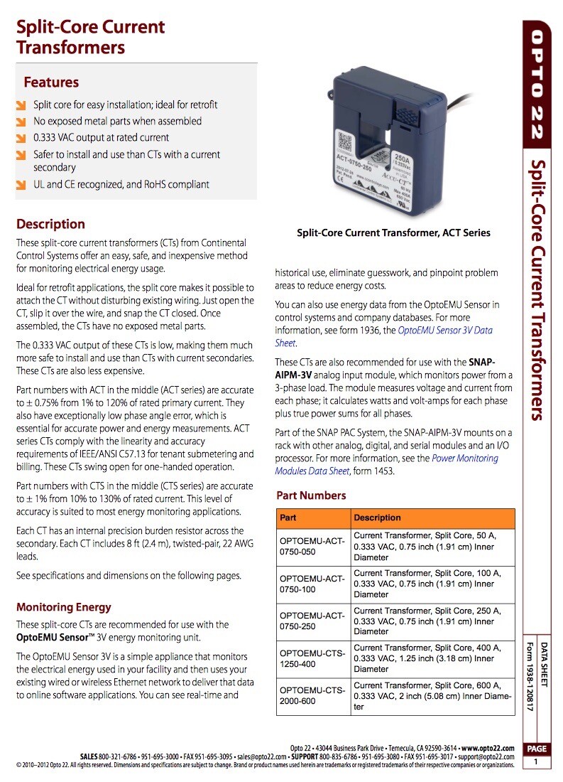 Opto22 ACCU-CT Current Transformer Split Core 100A AXT-0750-100