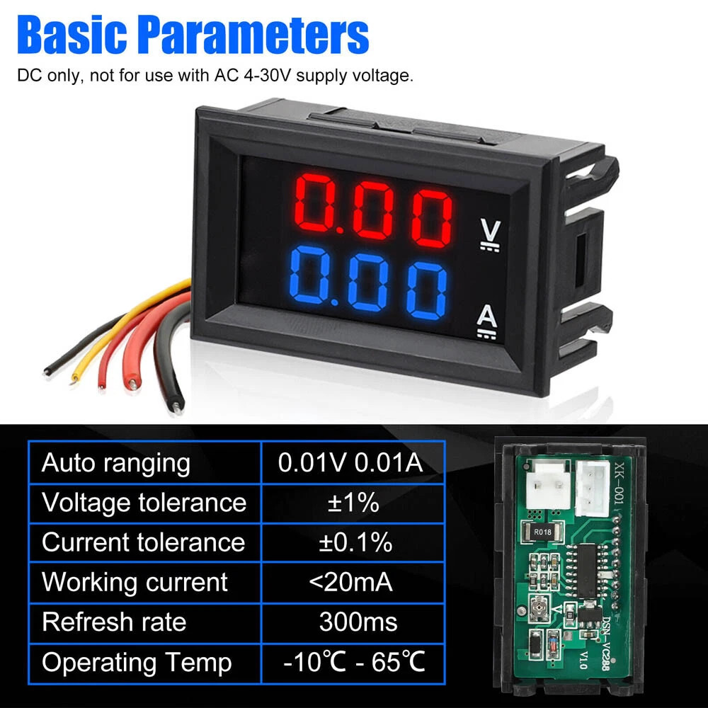 4× DC 100V 10A Voltmeter Ammeter LED Dual Volt Amp Meter Voltage Current Gauge