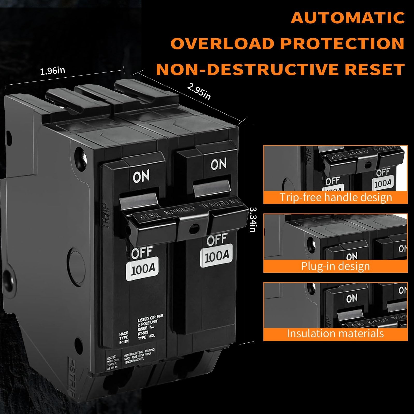 100 Amp 2-Pole Circuit Breaker, Plug-in Mount, Thermal Magnetic, 10KA, 120/240V