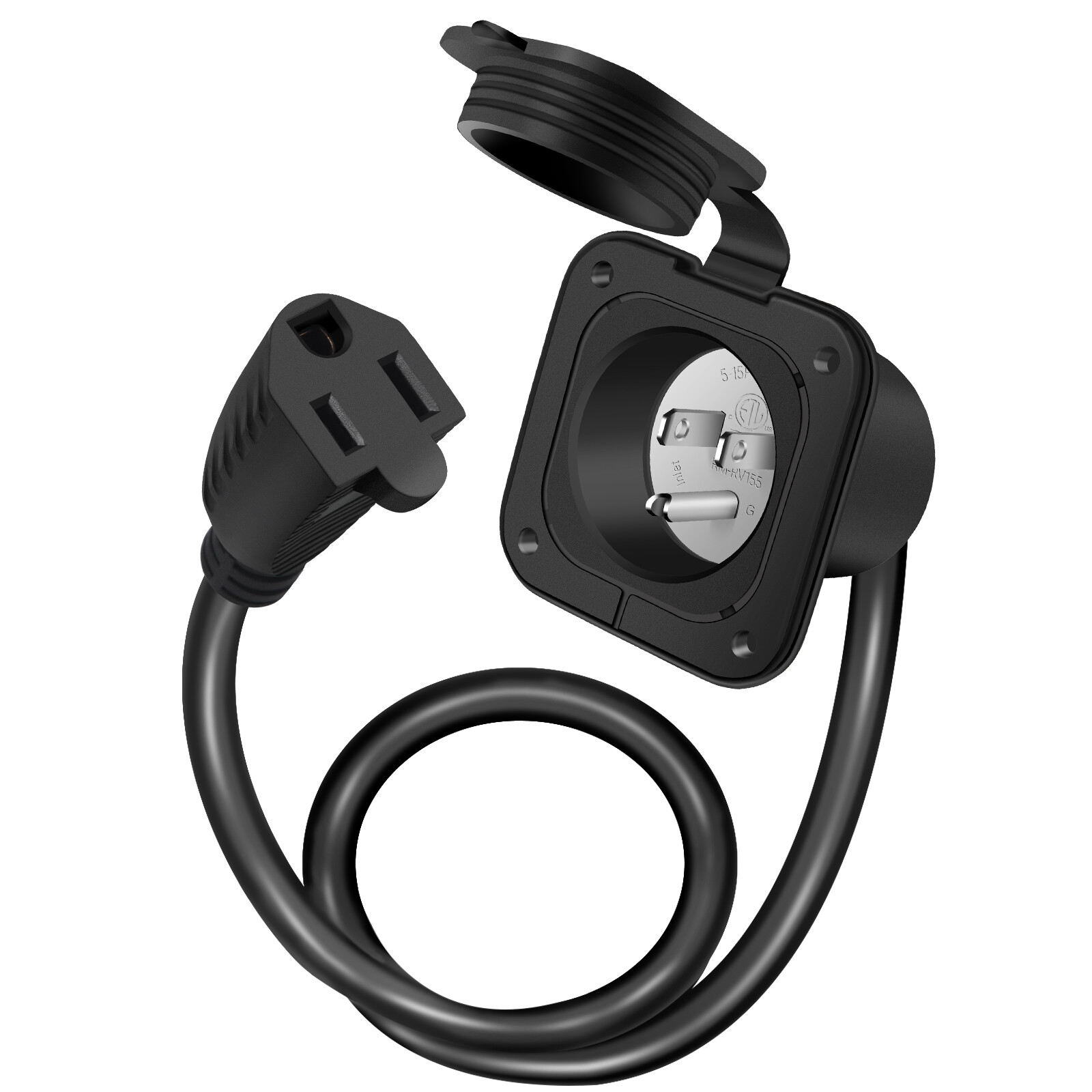 15 amp 125v ac power inlet port plug with integrated 18″ extension cord