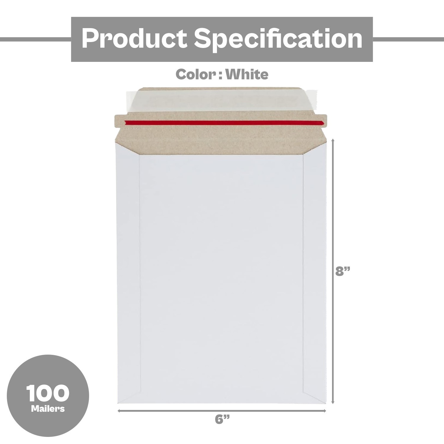 100 – 6×8″ Rigid Flat Photo Documents Mailers – Self-Seal – White